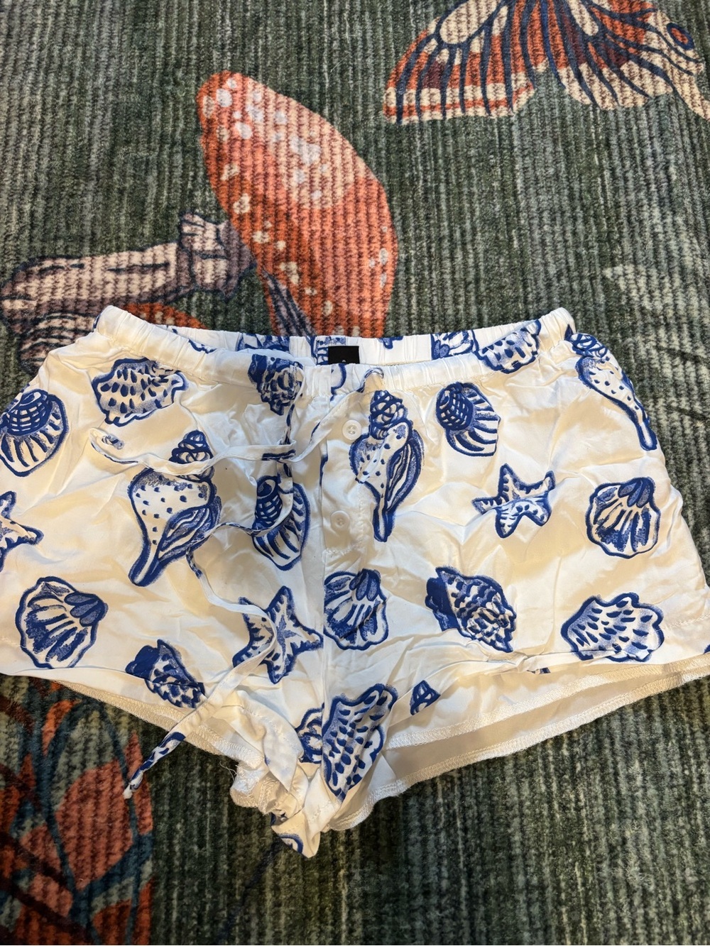 White Shorts with Blue Seashell Print - Lightweight Women's Beach Shorts
